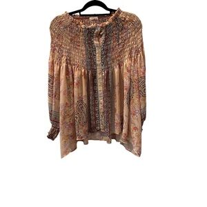 C+J COLLECTION SMOCKED PINK FLOWER PATTERN LONG SLEEVE BLOUSE **BB3